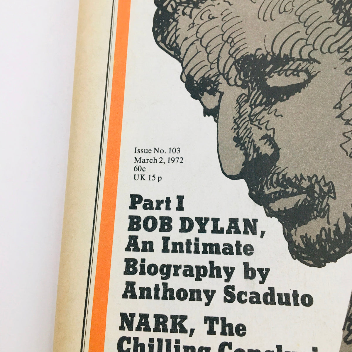 Close-up view of the cover of Rolling Stone Magazine March 2, 1972, highlighting the title details including Part I of Bob Dylan: An Intimate Biography.