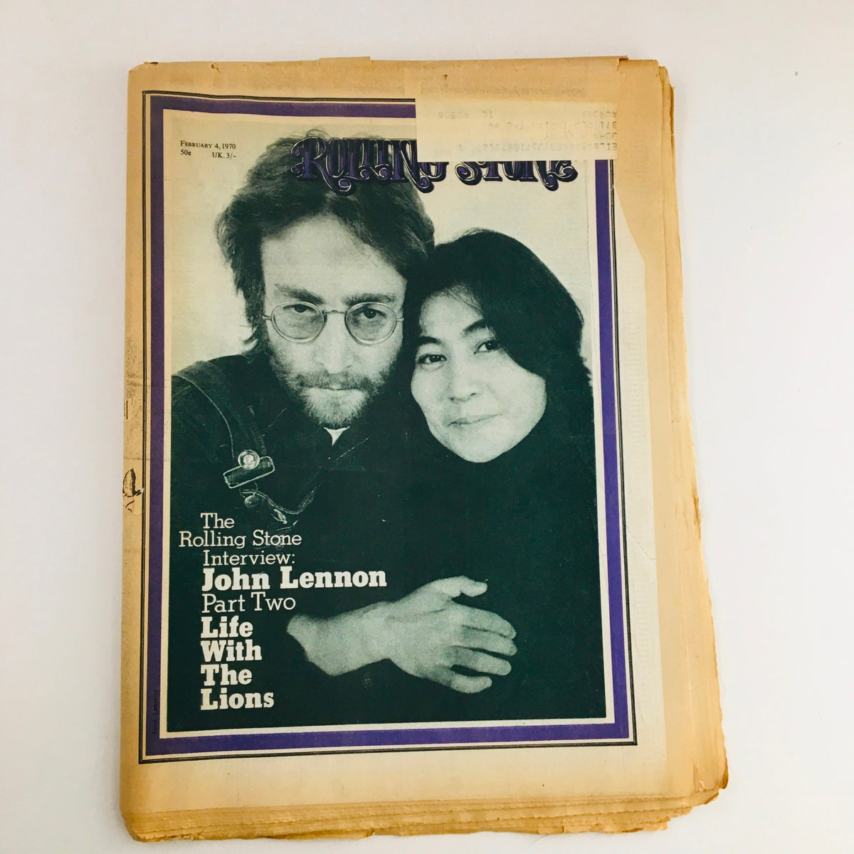 Cover of Rolling Stone Magazine February 4, 1970, featuring John Lennon and Yoko Ono in an intimate pose. This edition is titled 'Part Two: Life With The Lions.'