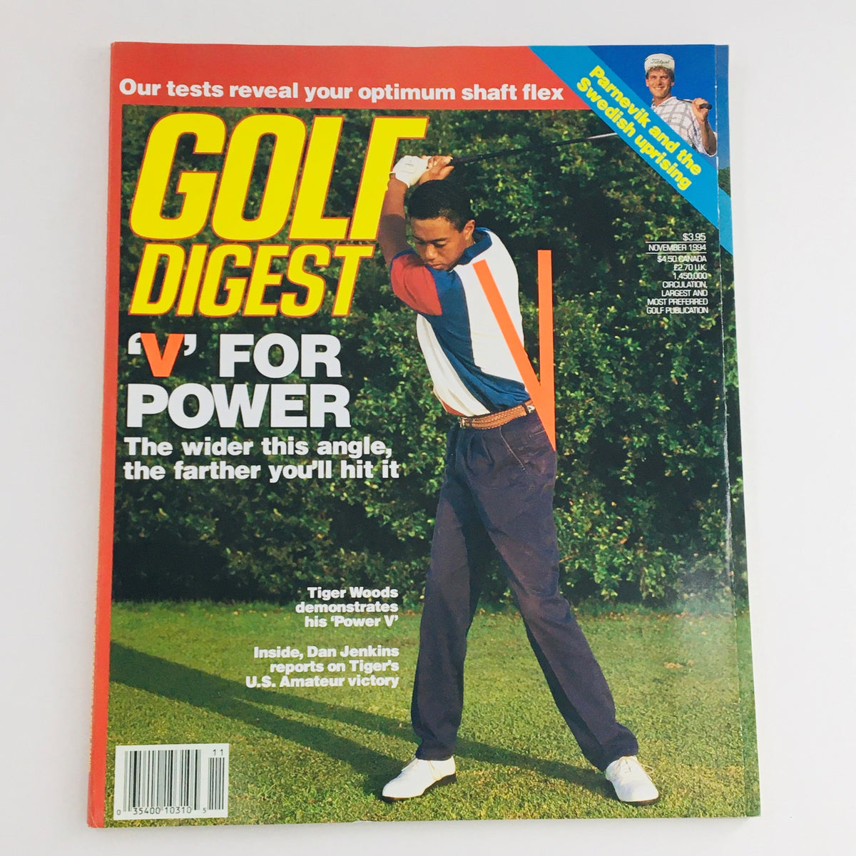 Gold Digest Magazine from November 1994 featuring Tiger Woods demonstrating his 'Power V' technique on the cover. The magazine emphasizes golf tips, showcasing Woods during his early career, and includes insights by Dan Jenkins. Perfect for collectors and golf enthusiasts.
