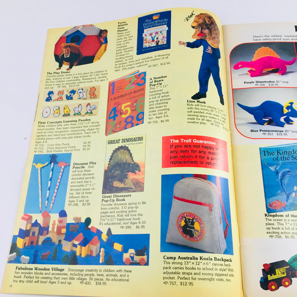 Page from Troll Summer 1988 Learn & Play Fun Toy Vintage Catalog displaying children's learning puzzles, play equipment, and kids in playful costumes with various educational toys.