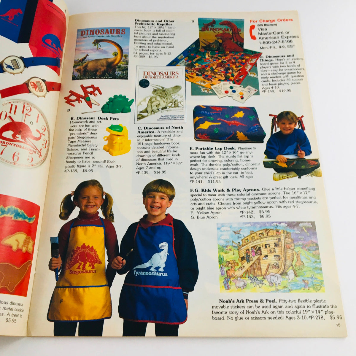 Another interior page of Troll Summer 1988 Learn & Play Fun Toy Vintage Catalog featuring various children's products including a lap desk and aprons, with kids smiling and engaged with toys.