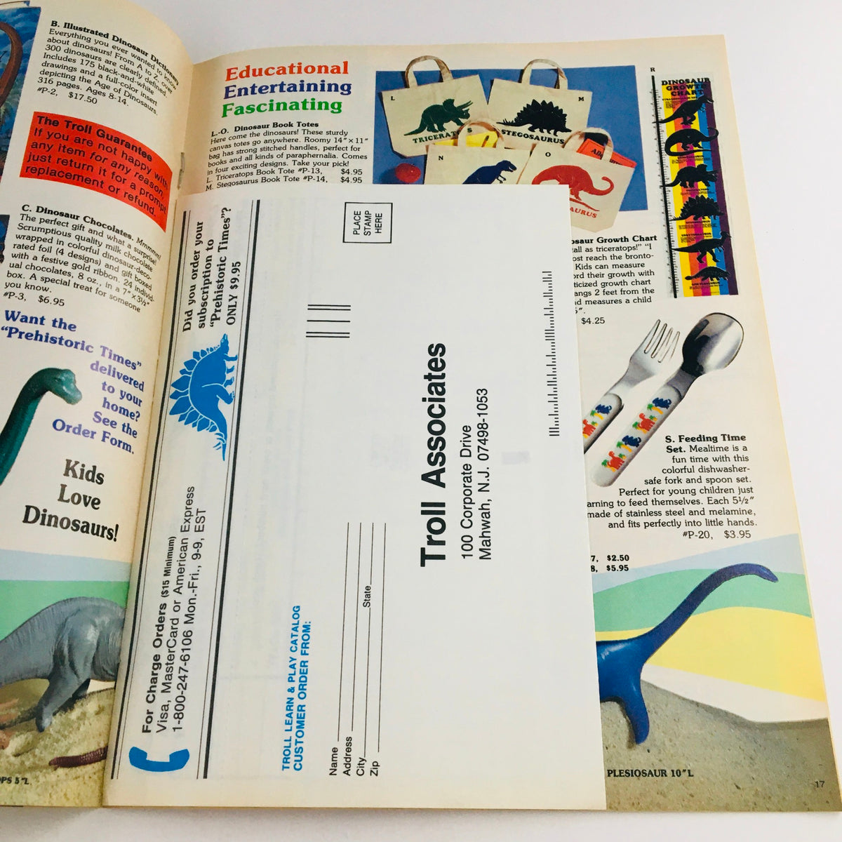 Troll Summer 1988 Learn & Play Fun Toy Vintage Catalog page displaying colorful educational products like dinosaur growth charts, feeding utensils, and tote bags. The page features vibrant images and descriptions of various learning toys.