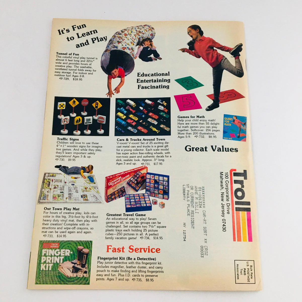 Troll Summer 1988 Learn & Play Fun Toy Vintage Catalog page showcasing a variety of games and educational products for children, including a play mat, toy traffic signs, and a fingerprint kit. Highlights the fun and creativity of learning through play.
