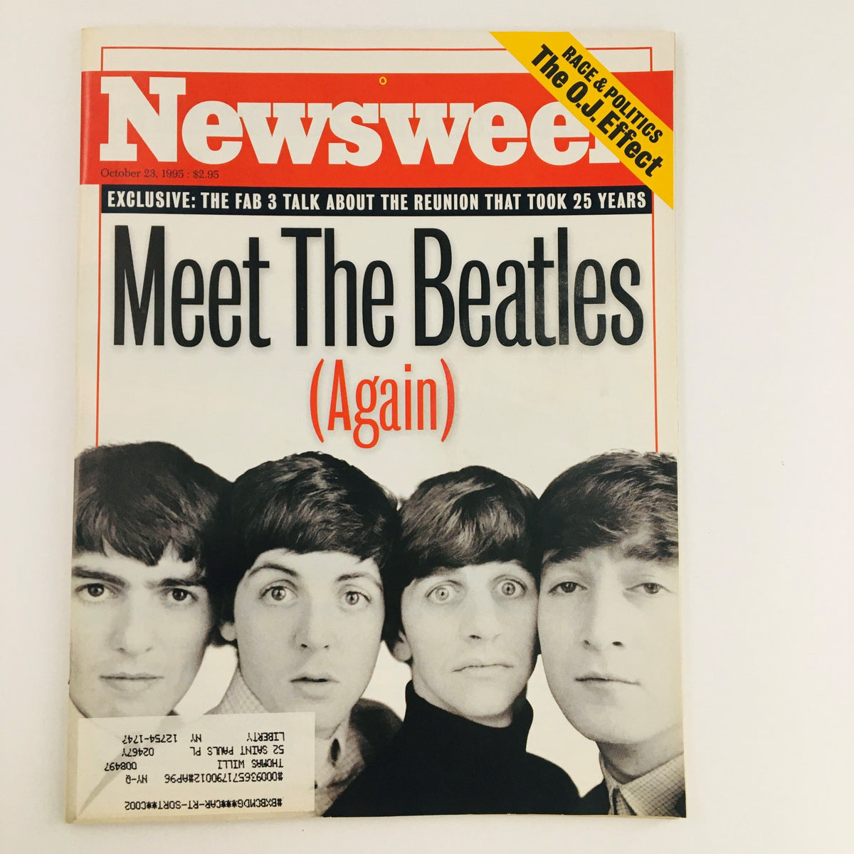 Cover of Newsweek Magazine dated October 23, 1995 featuring the title 'Meet The Beatles (Again)' along with a discussion of the O.J. Effect. The magazine cover showcases a black-and-white image of The Beatles, capturing the essence of 90s media nostalgia.
