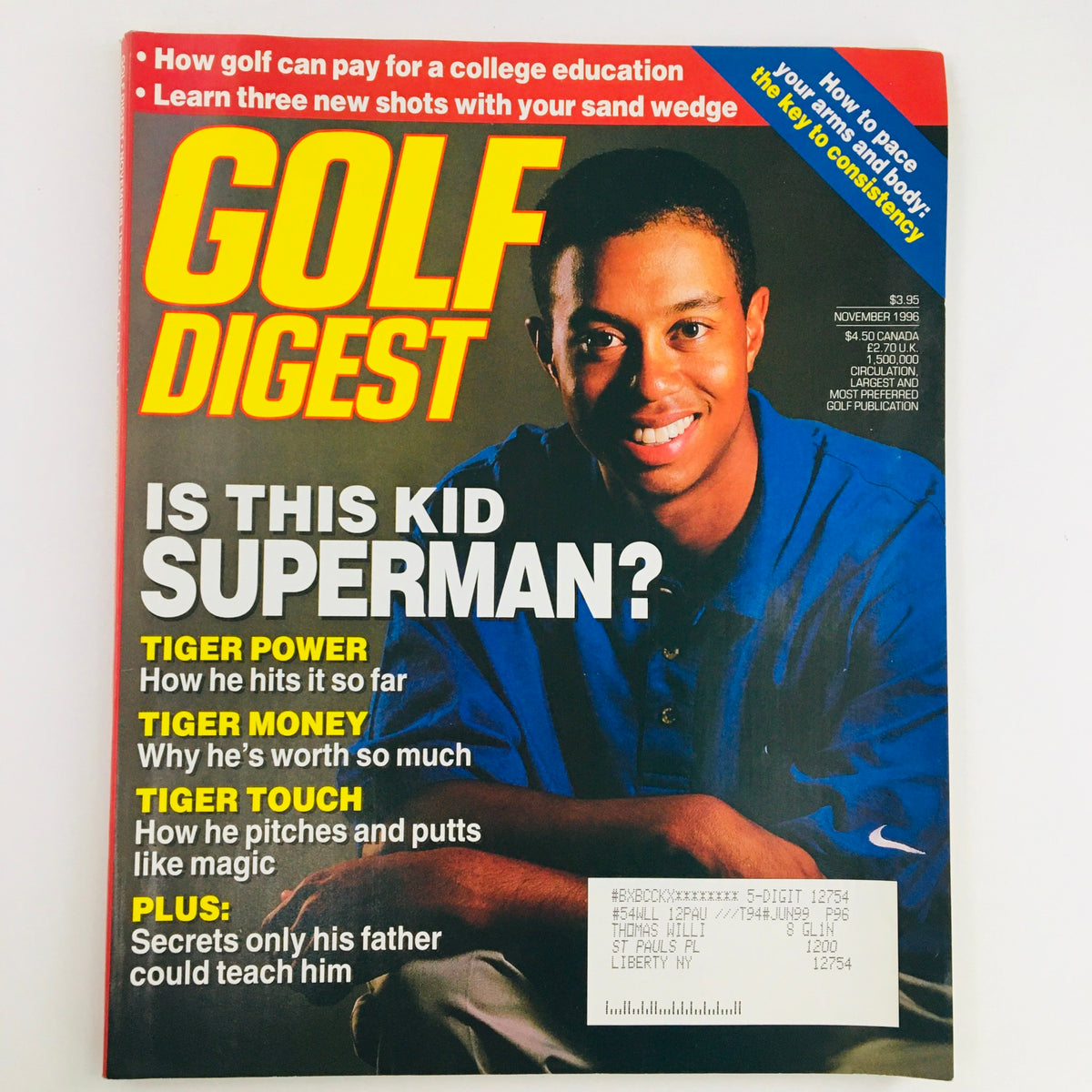 Cover of Golf Digest Magazine from November 1996 featuring Tiger Woods with the title 'Is This Kid Superman?' showcasing his early golf skills and notable articles on Tiger Power, Money, and Touch.