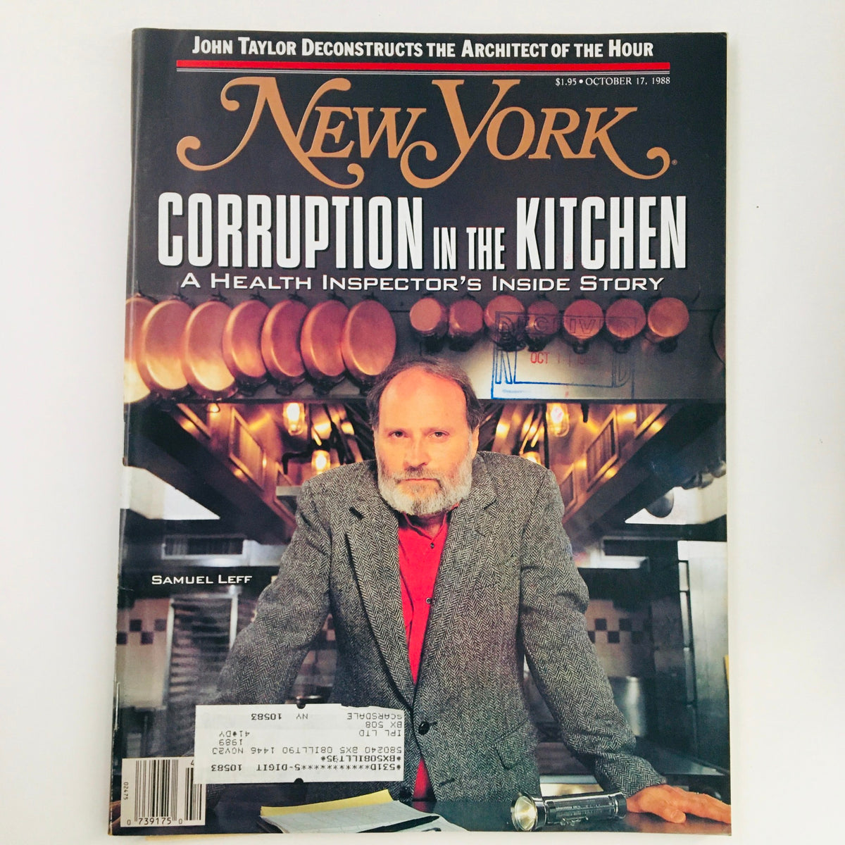 Cover of New York Magazine, October 17, 1988, featuring the article 'Corruption in the Kitchen' by Samuel Leff, with an image of a man standing in a kitchen setting.