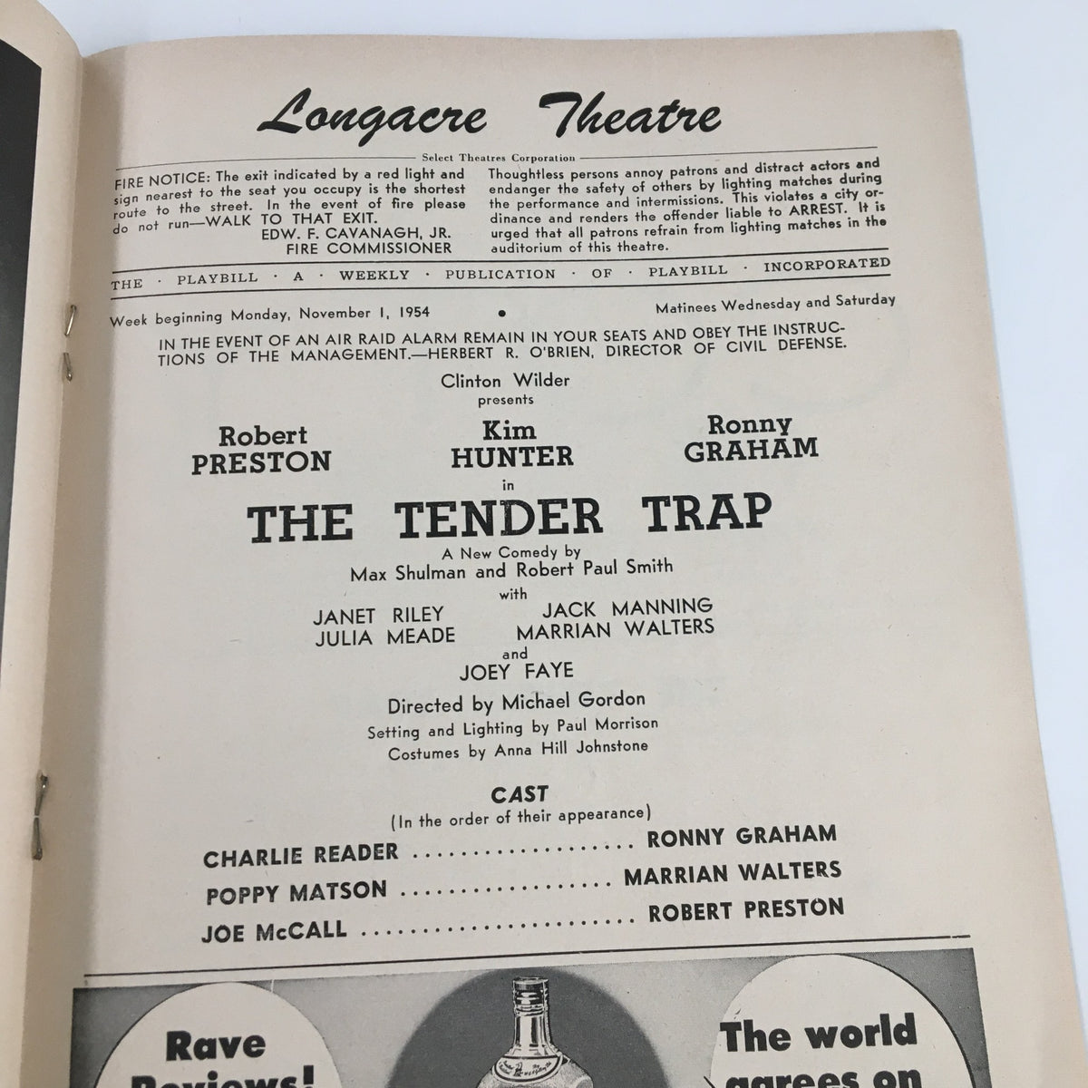 Inside page of the 1954 Playbill for The Tender Trap at Longacre Theatre, detailing the cast including Robert Preston, Kim Hunter, and Ronny Graham.