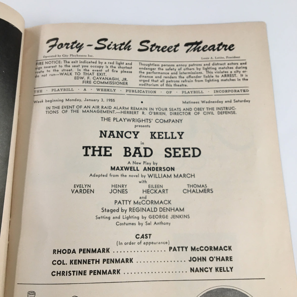 Inside page of the 1955 Playbill for 'The Bad Seed', showcasing cast details including Nancy Kelly, along with theatre information and a list of characters.