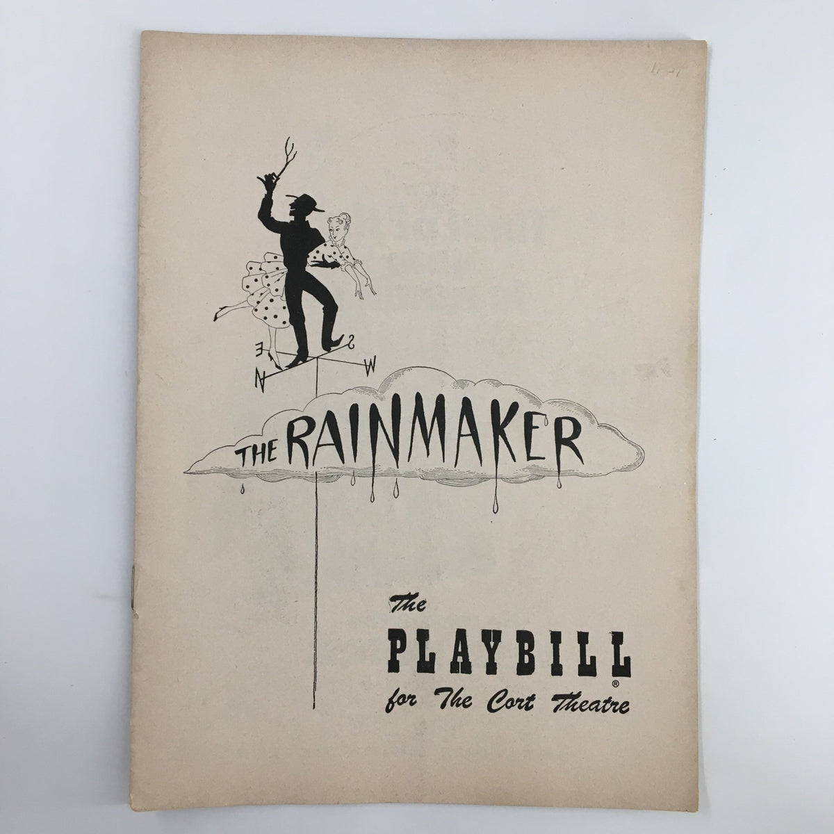 1954 Playbill for The Rainmaker featuring a vintage illustration of a man balancing on a tightrope with a woman by his side, representing the theatrical production at the Cort Theatre. This collectible showcases iconic artwork from the era.