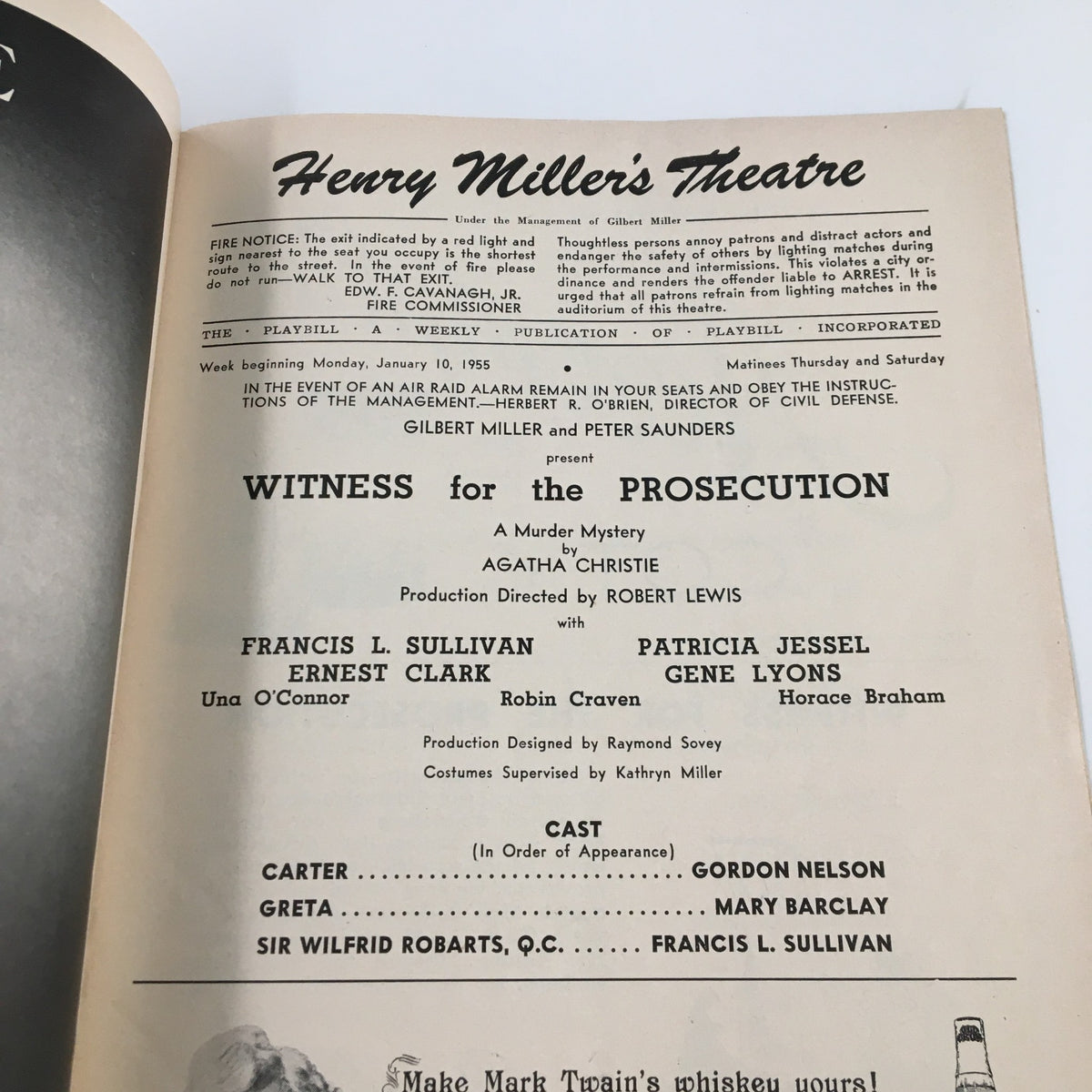 1955 Playbill from Henry Miller's Theatre for the play 'Witness for the Prosecution' by Agatha Christie, showcasing the cast and production details.