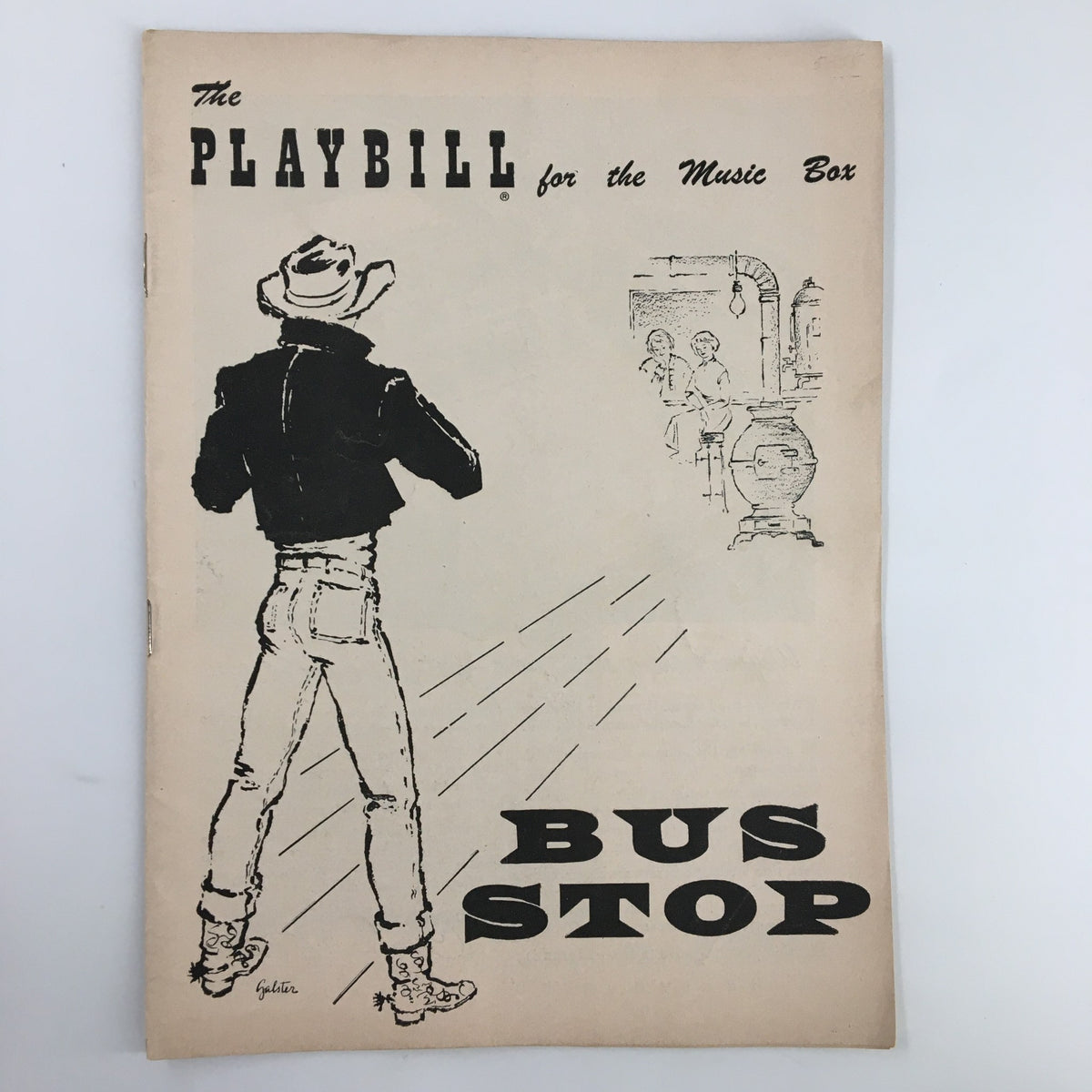 1955 Playbill The Music Box Bus Stop cover featuring a cowboy illustration and stylized lettering for the title.
