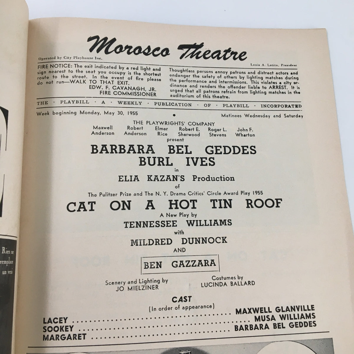 Inside page of the 1955 Playbill from the Morosco Theatre, highlighting Barbara Bel Geddes and cast for 'Cat on a Hot Tin Roof'.