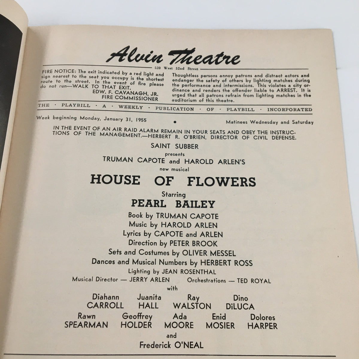 Interior page of the 1955 Playbill for the Alvin Theatre presenting details of the musical 'House of Flowers' starring Pearl Bailey, including cast and production credits.