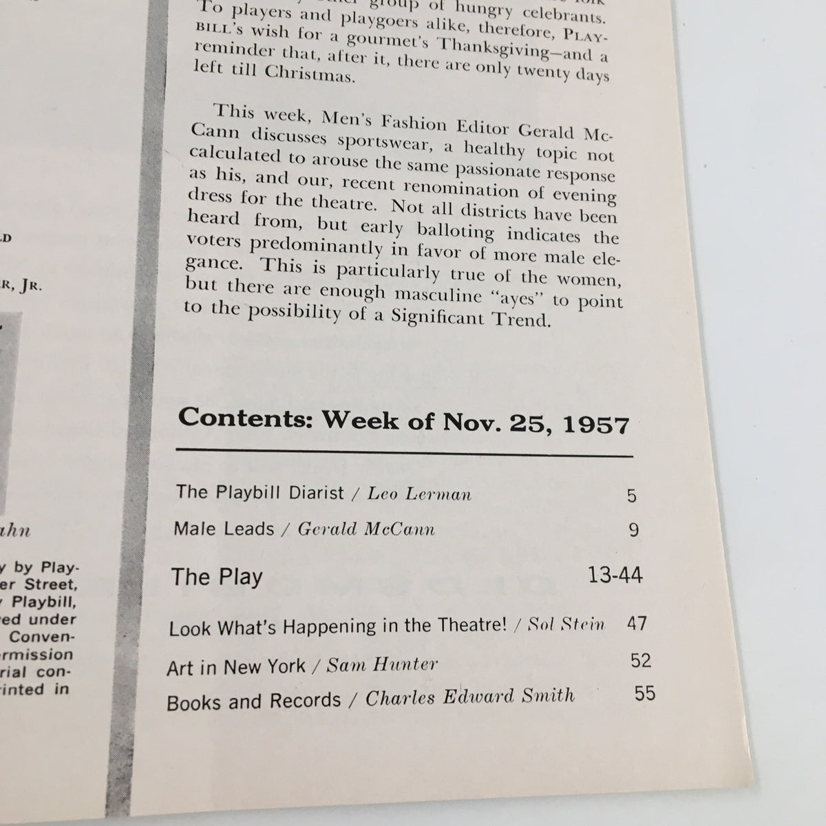 Contents page of the 1957 Playbill for Eugene O'Neill's Long Day's Journey Into Night, highlighting the section on the play and additional features.
