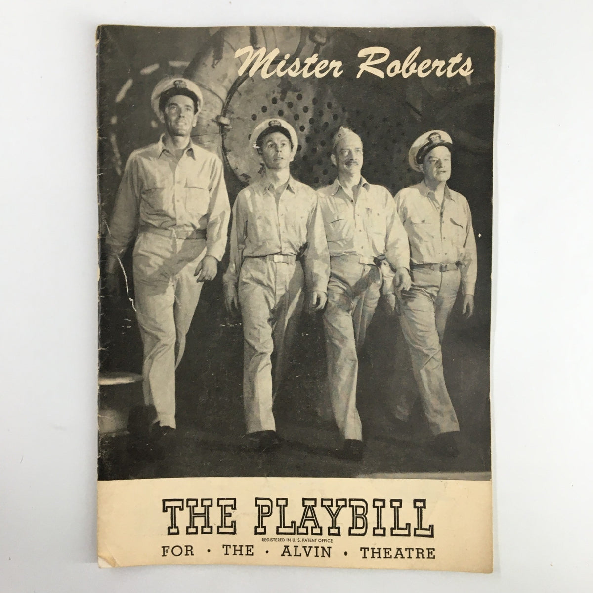 1949 Playbill for Mister Roberts featuring the cast in military attire, presented at the Alvin Theatre with Henry Fonda.