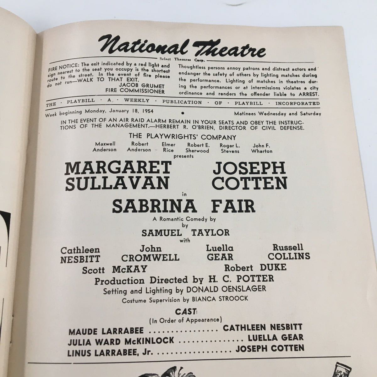 Inside page of the 1954 Playbill National Theatre for Sabrina Fair, detailing the cast and production team including Margaret Sullivan and Joseph Cotten.