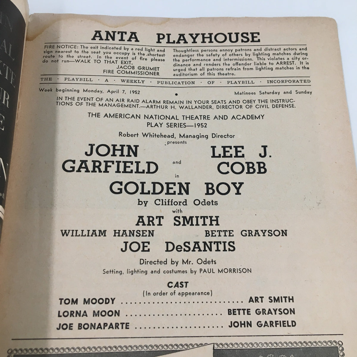 Interior page of the 1952 Playbill for 'Golden Boy' at Anta Playhouse, showcasing John Garfield and Lee J. Cobb in the iconic play by Clifford Odets.