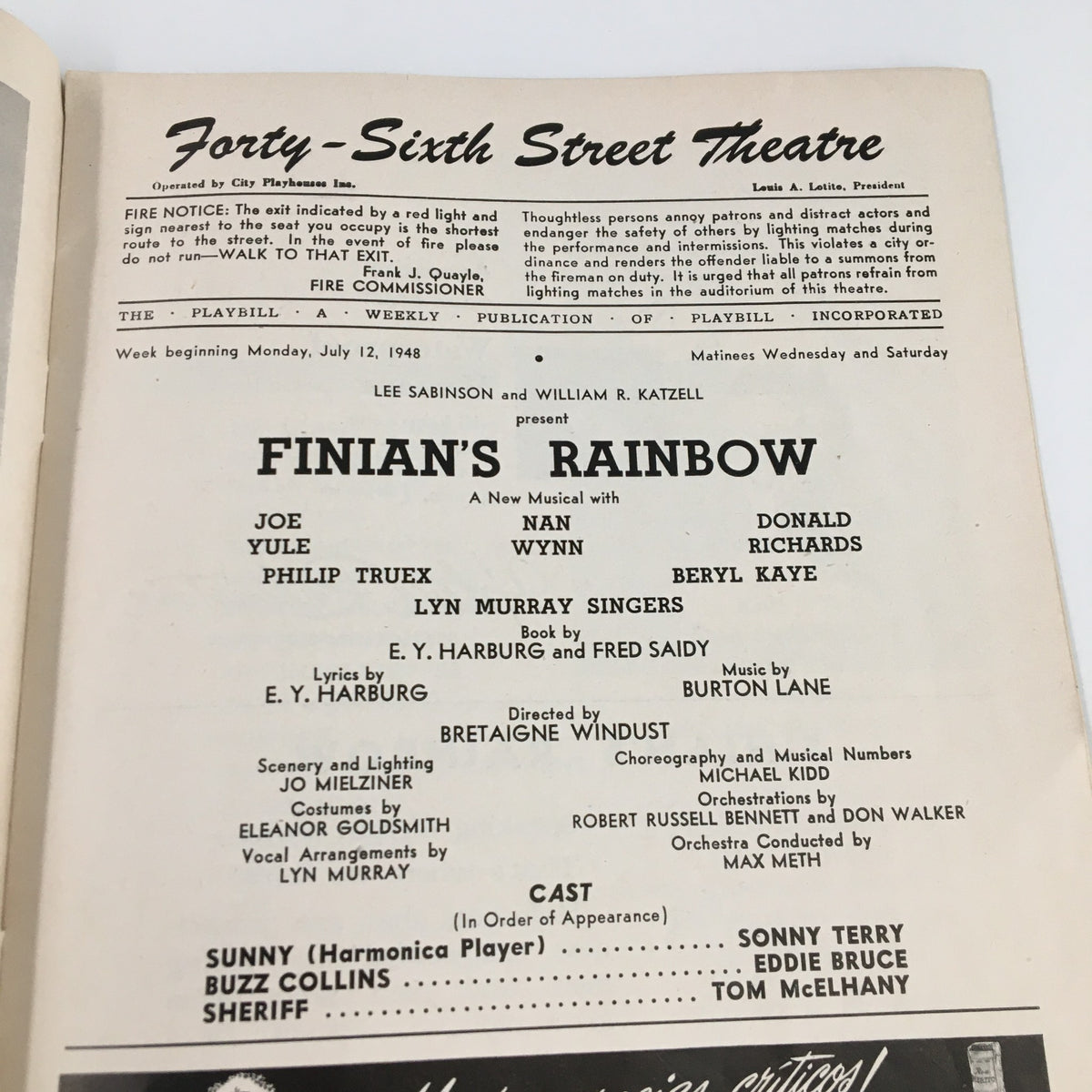 Inside page of the 1948 Playbill for Finian's Rainbow, listing the cast and production details at the Forty-Sixth Street Theatre.