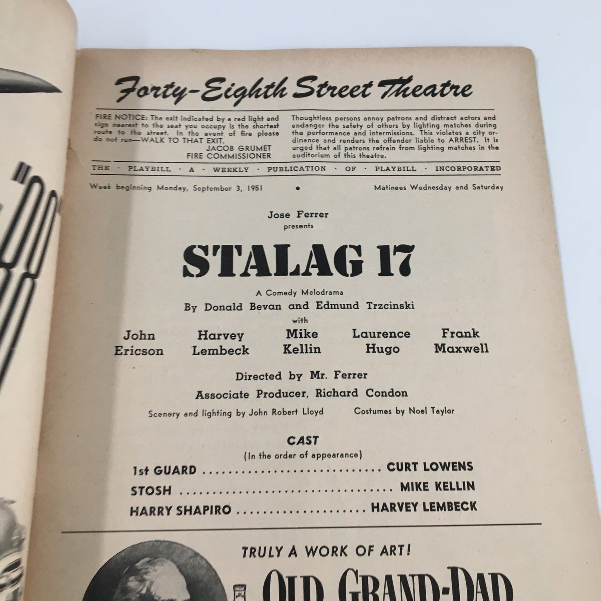 Inside page of the 1951 Playbill for 'Stalag 17' at the Forty-Eighth Street Theatre, displaying the cast and production details.