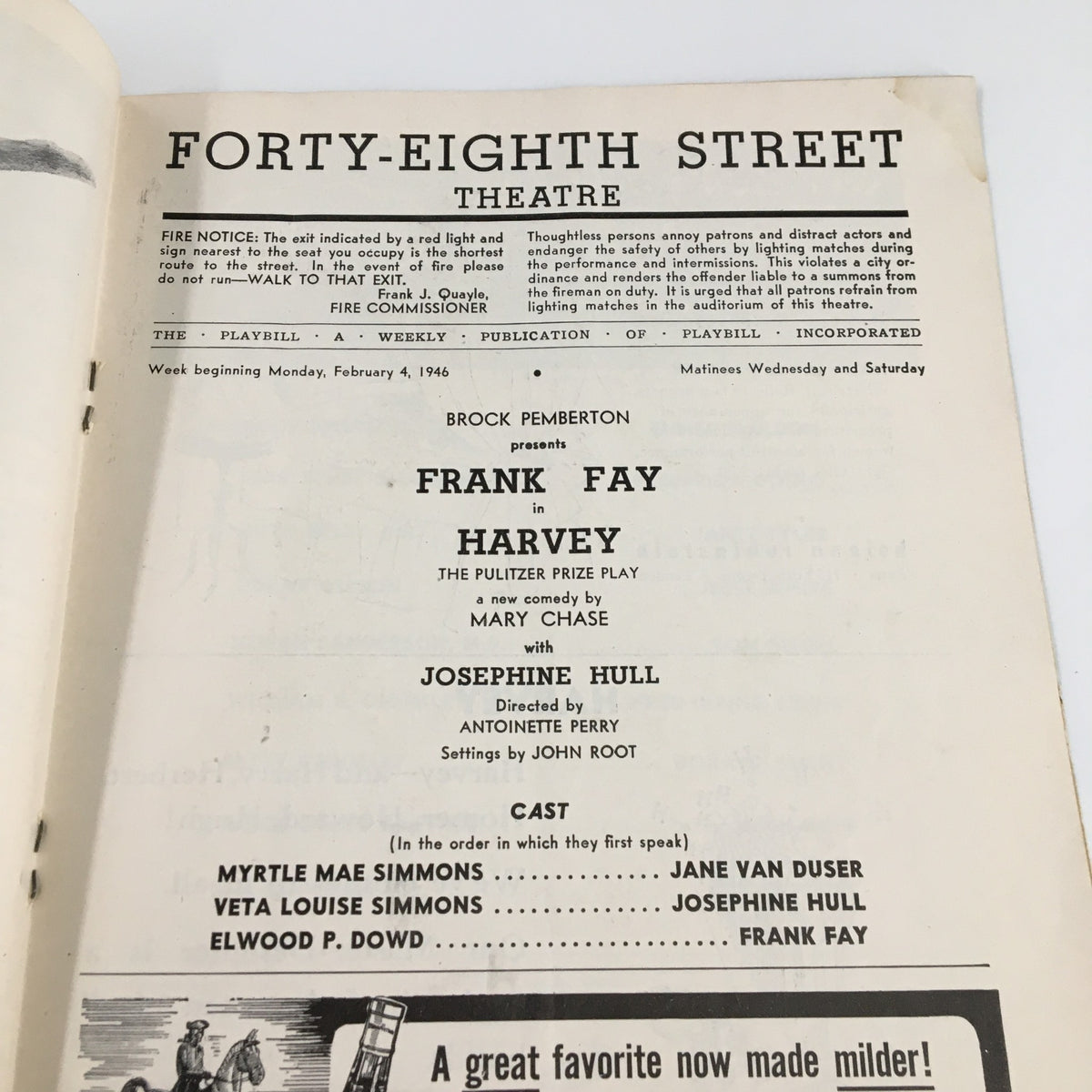 Interior page of the 1946 Playbill for Harvey by Mary Chase, showcasing the cast list and details about the production at the Forty-Eighth Street Theatre.