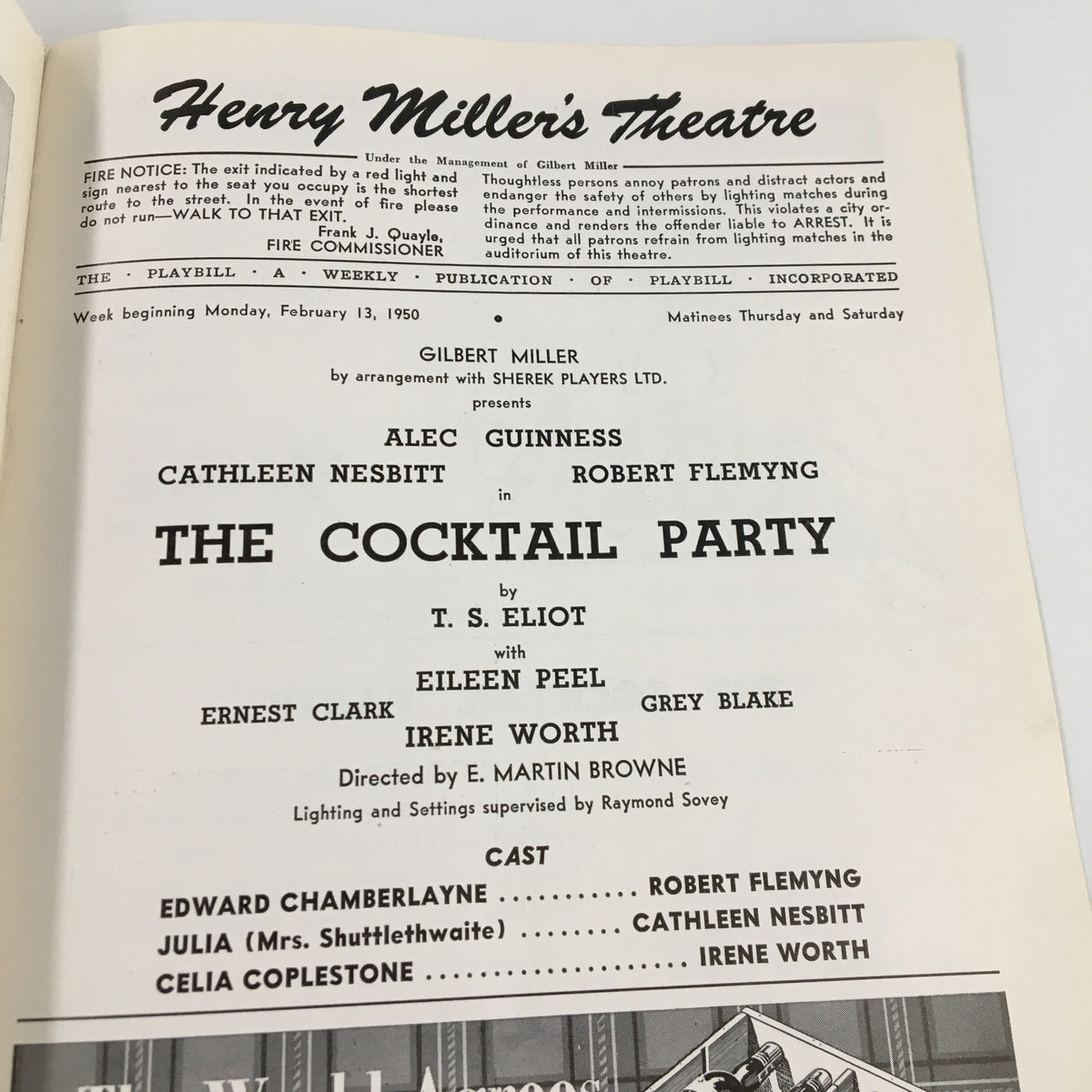 Inside view of the 1950 Playbill for 'The Cocktail Party', listing cast and production details at Henry Miller's Theatre, with Alec Guinness highlighted.