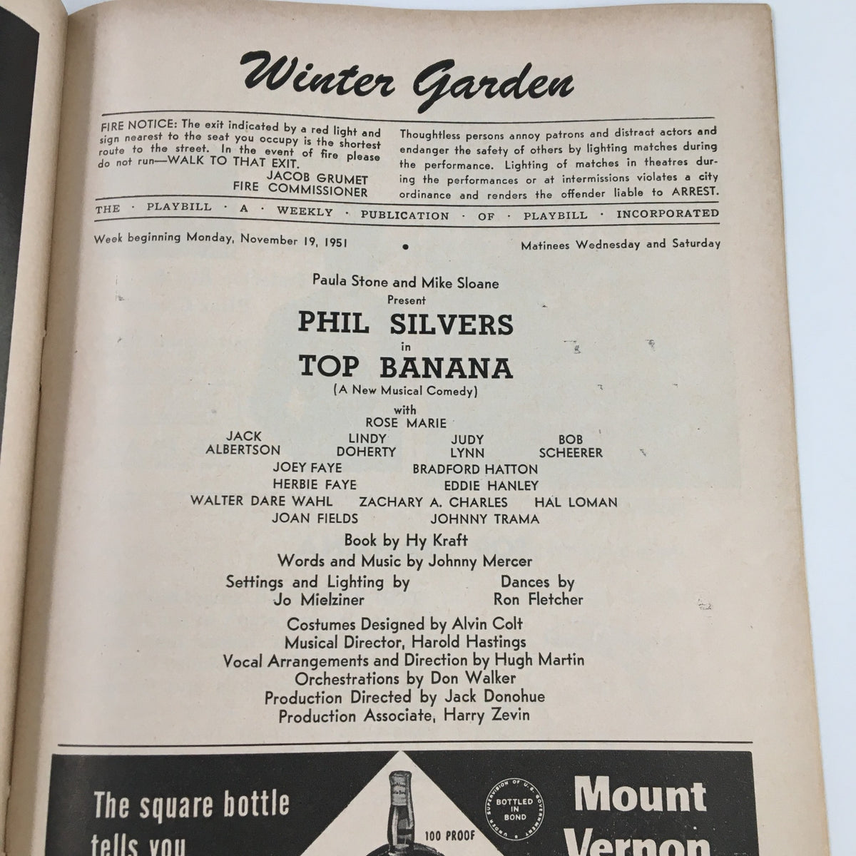Inside page of the 1951 Playbill for Top Banana, listing cast members and production details at the Winter Garden Theatre.