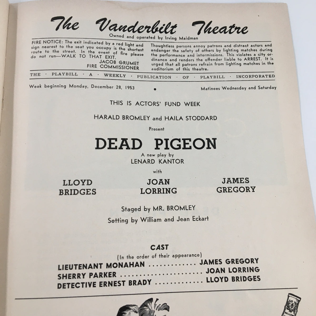 Interior page of the 1953 Playbill for The Vanderbilt Theatre, showcasing the cast and details of 'DEAD PIGEON', starring Harald Bromley.