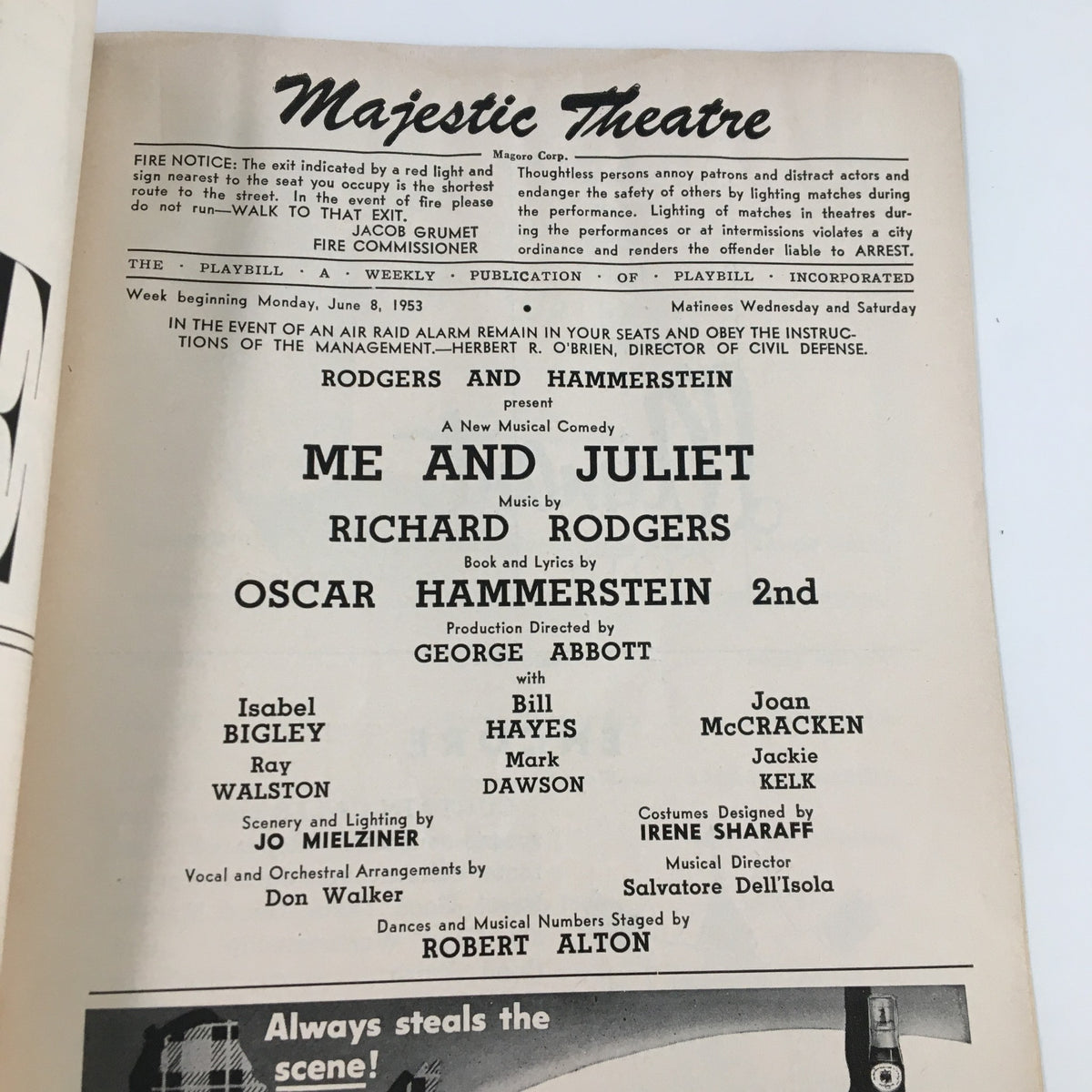 Inside page of the 1953 Playbill for Me and Juliet, detailing the cast, creative team, and production notes, highlighting the collaboration of Richard Rodgers and Oscar Hammerstein II.
