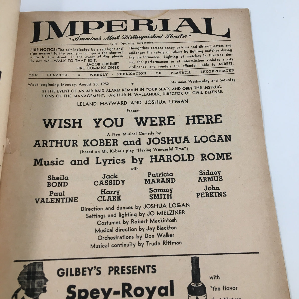Inside page of the 1952 Playbill for 'Wish You Were Here' at the Imperial Theatre, detailing cast and production staff.