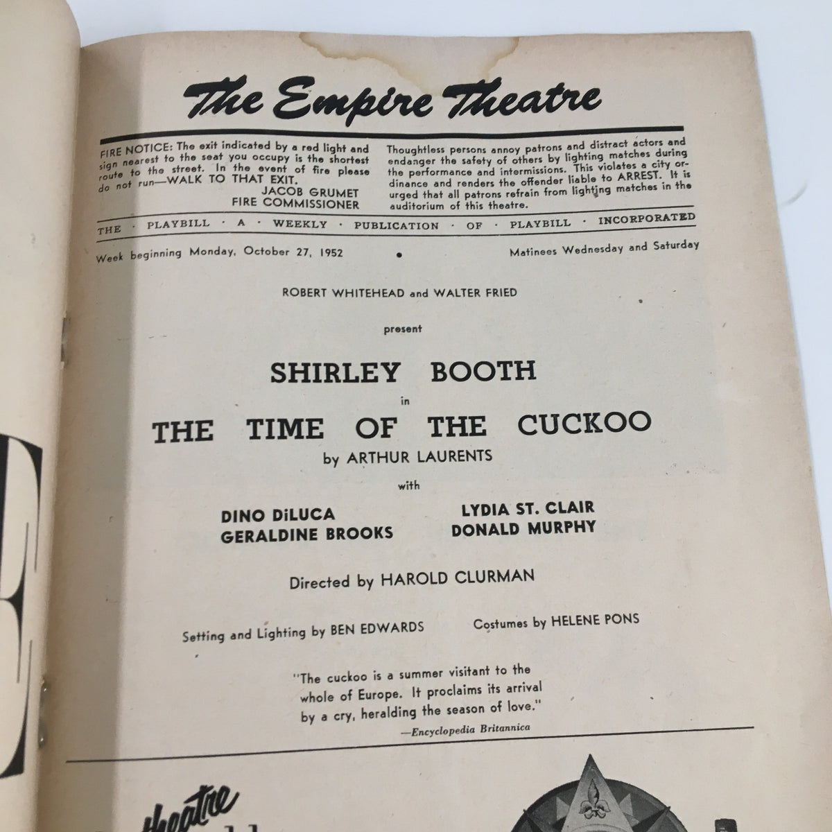 Inside page of the 1952 Playbill from The Empire Theatre presenting Shirley Booth in The Time of The Cuckoo, detailing cast and production information.