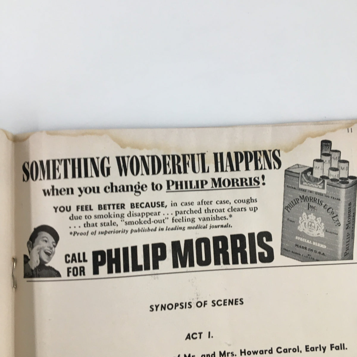 Vintage advertisement for Philip Morris from the 1953 Playbill featuring Melvyn Douglas in Time Out For Ginger, showcasing classic branding and promotional imagery.