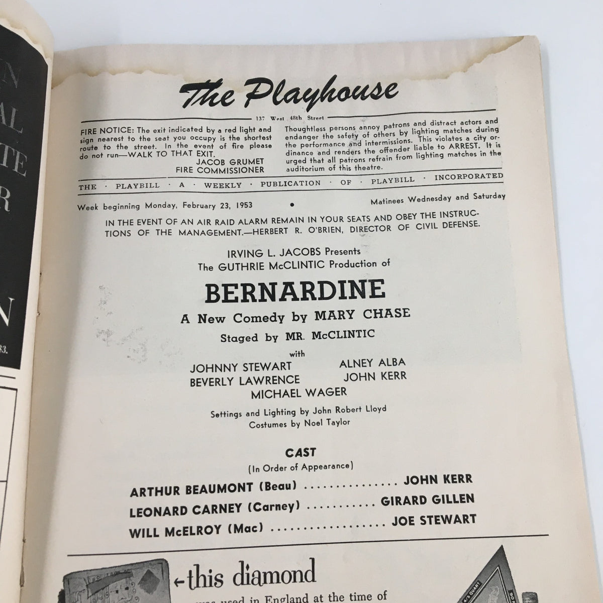 Interior of the 1953 Playbill for The Playhouse for the comedy 'Bernardine' by Mary Chase, detailing the performance schedule and cast.