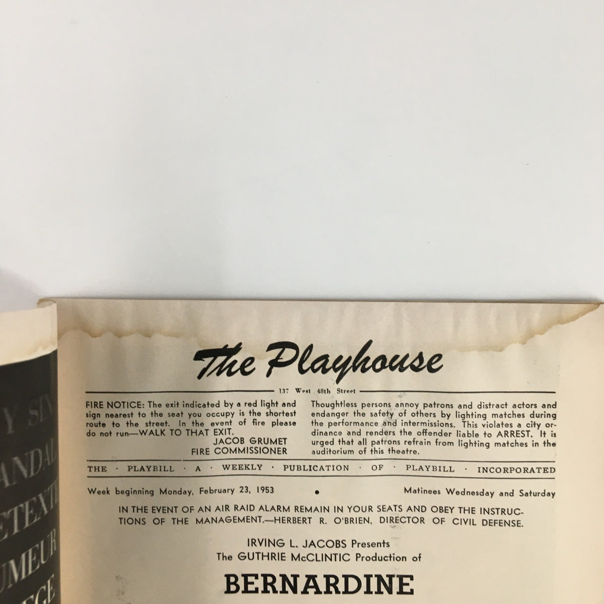Close-up of the 'Playhouse' header in the 1953 Playbill for 'Bernardine,' showcasing vintage design elements and production details.