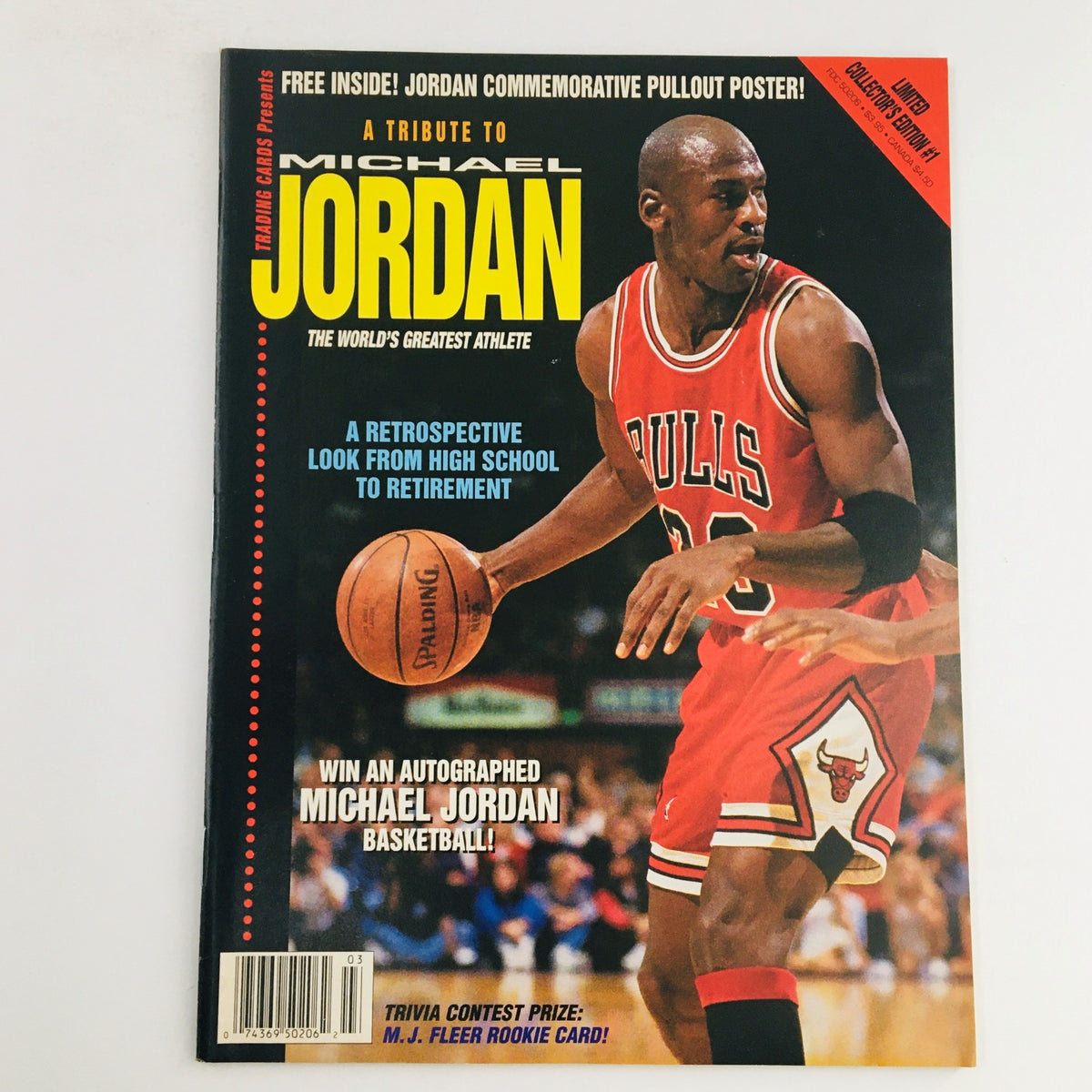 1993 Trading Cards: A Tribute to Michael Jordan magazine cover featuring Michael Jordan in a Chicago Bulls jersey, emphasizing his legacy as 'The World's Greatest Athlete'.