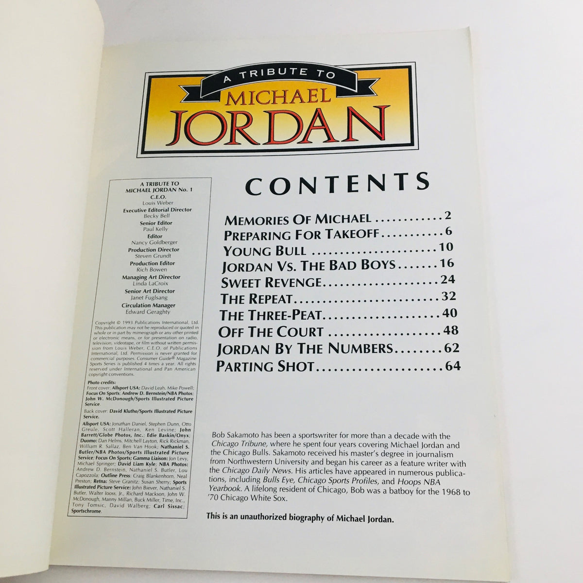 Contents page of '1993 A Tribute To Michael Jordan No. 1 Commemorative Edition, No Label VG' listing featured articles about Michael Jordan's career.