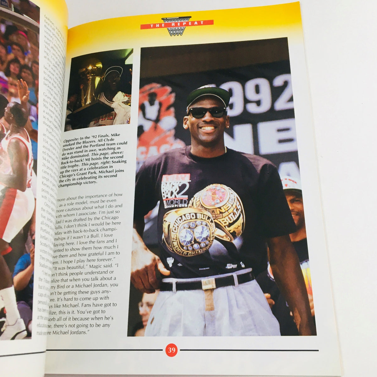 1993 A Tribute To Michael Jordan No. 1 Commemorative Edition, No Label VG - A photograph capturing a smiling player holding championship rings at a celebratory event, showcasing the excitement of Michael Jordan's success.