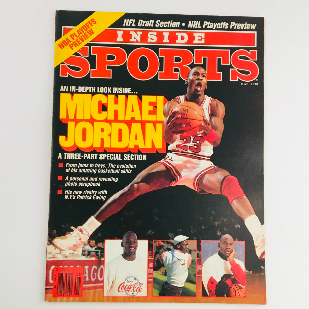 Inside Sports Magazine May 1990 featuring an in-depth look inside Michael Jordan, showcasing his basketball prowess and iconic style on the cover. The magazine includes highlights like a personal photo scrapbook and special sections on basketball evolution.