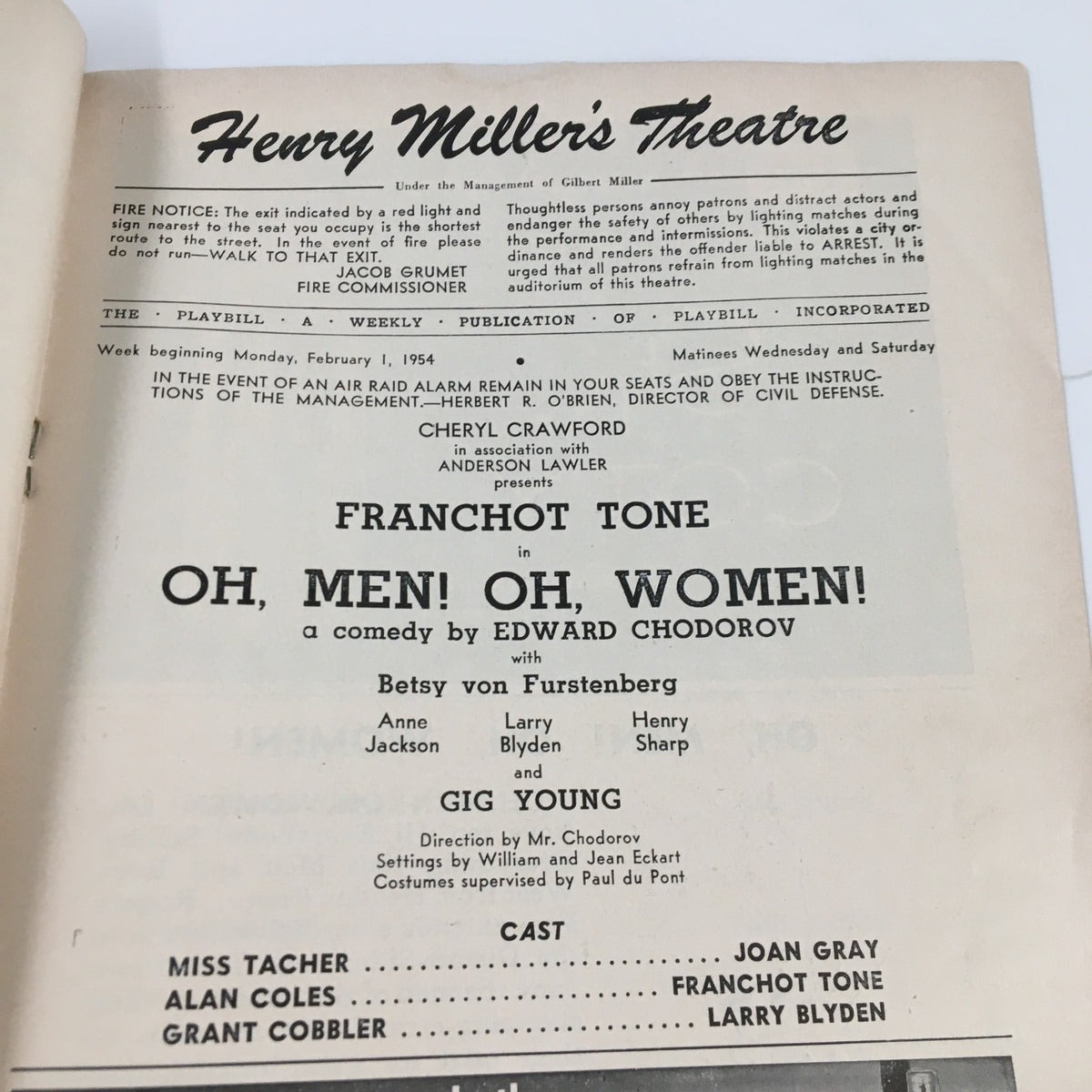 1954 Playbill Henry Miller's Theatre Franchot Tone in Oh, Men! Oh, Women!