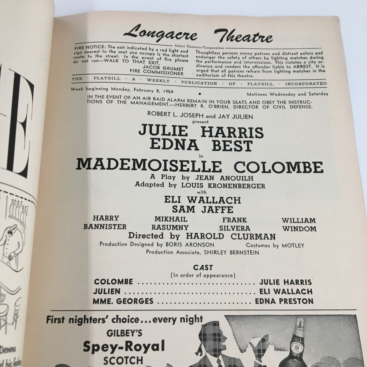 Inside page of the 1954 Playbill for Longacre Theatre displaying the cast and production details of Mademoiselle Colombe starring Julie Harris and Edna Best.