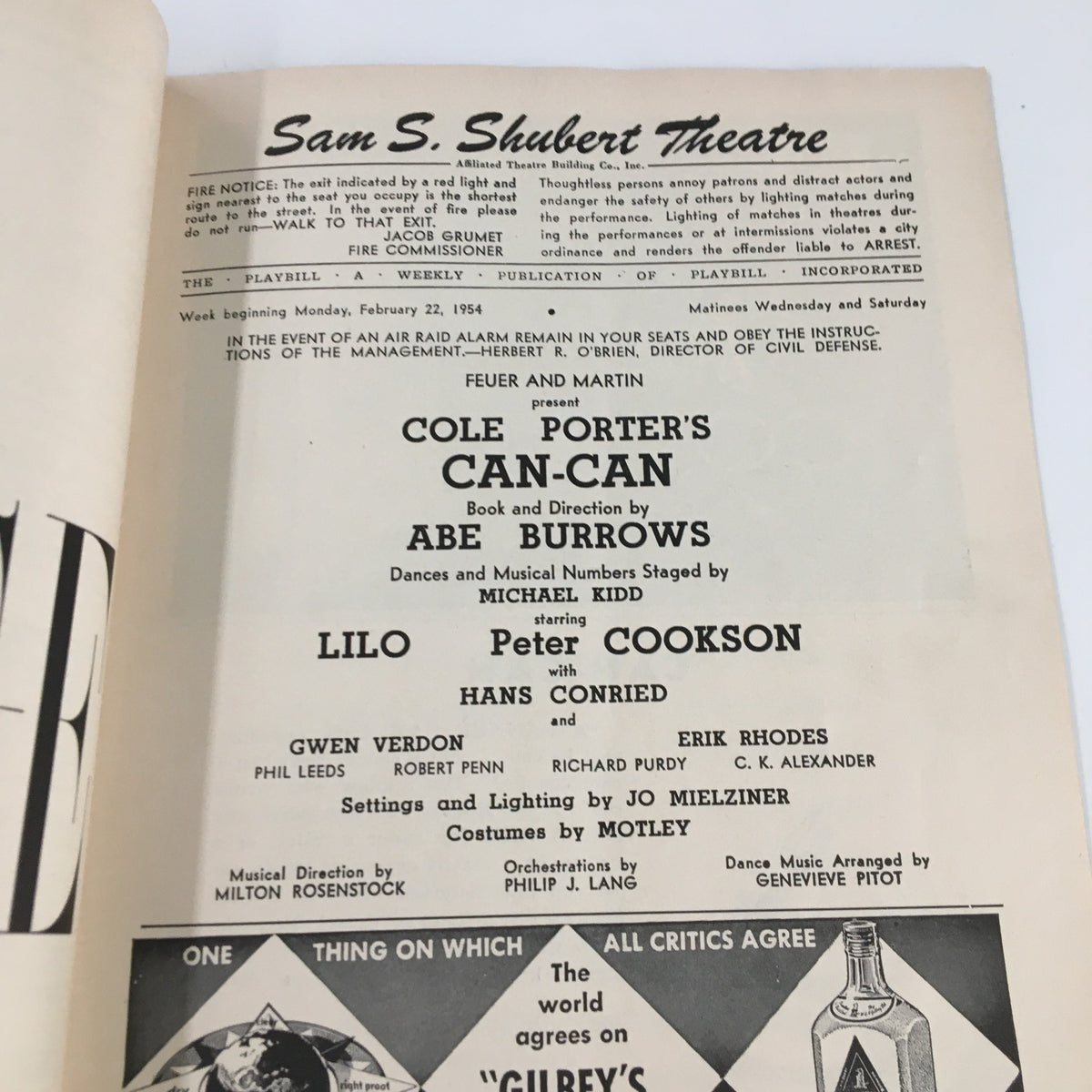 Inside page of the 1954 Playbill for Cole Porter's Can-Can at Sam S. Shubert Theatre, featuring details of the production and cast, highlighting its historical significance.