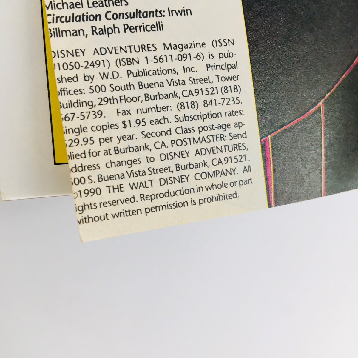 Back cover of Disney Adventures Magazine December 1990, including publication details and copyright information, Volume 1, Issue 2.