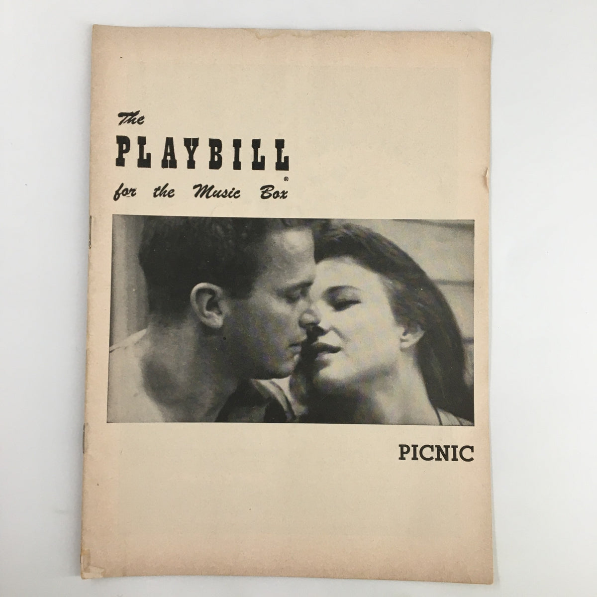 1954 Playbill for The Music Box featuring Ralph Meeker and Janice Rule in Picnic by William Inge, showcasing a romantic moment on the cover.