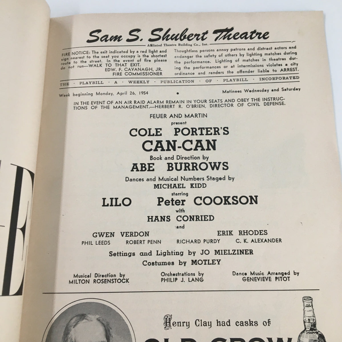 Inside page of the 1954 Playbill for the Sam S. Shubert Theatre showcasing the cast and production details for Can-Can, including the starring role of Peter Cookson.