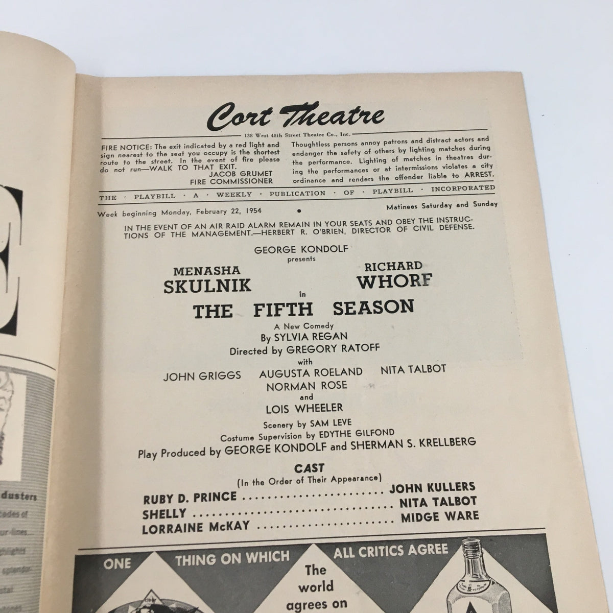 1954 Playbill from the Cort Theatre featuring Menasha Skulnik in the play 'The Fifth Season' by Sylvia Regan, showcasing performance details and cast information, a historical collectible piece for theatre enthusiasts.