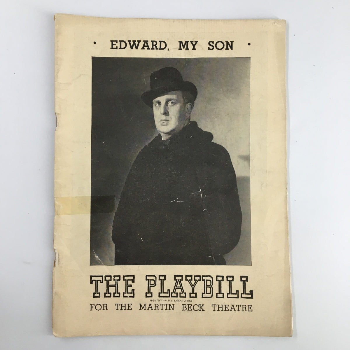 1948 Playbill from the Martin Beck Theatre featuring the title 'Edward, My Son'. The cover includes a black and white portrait of a man wearing a hat and dark coat, representing the vintage theatrical production starring Robert Morley.