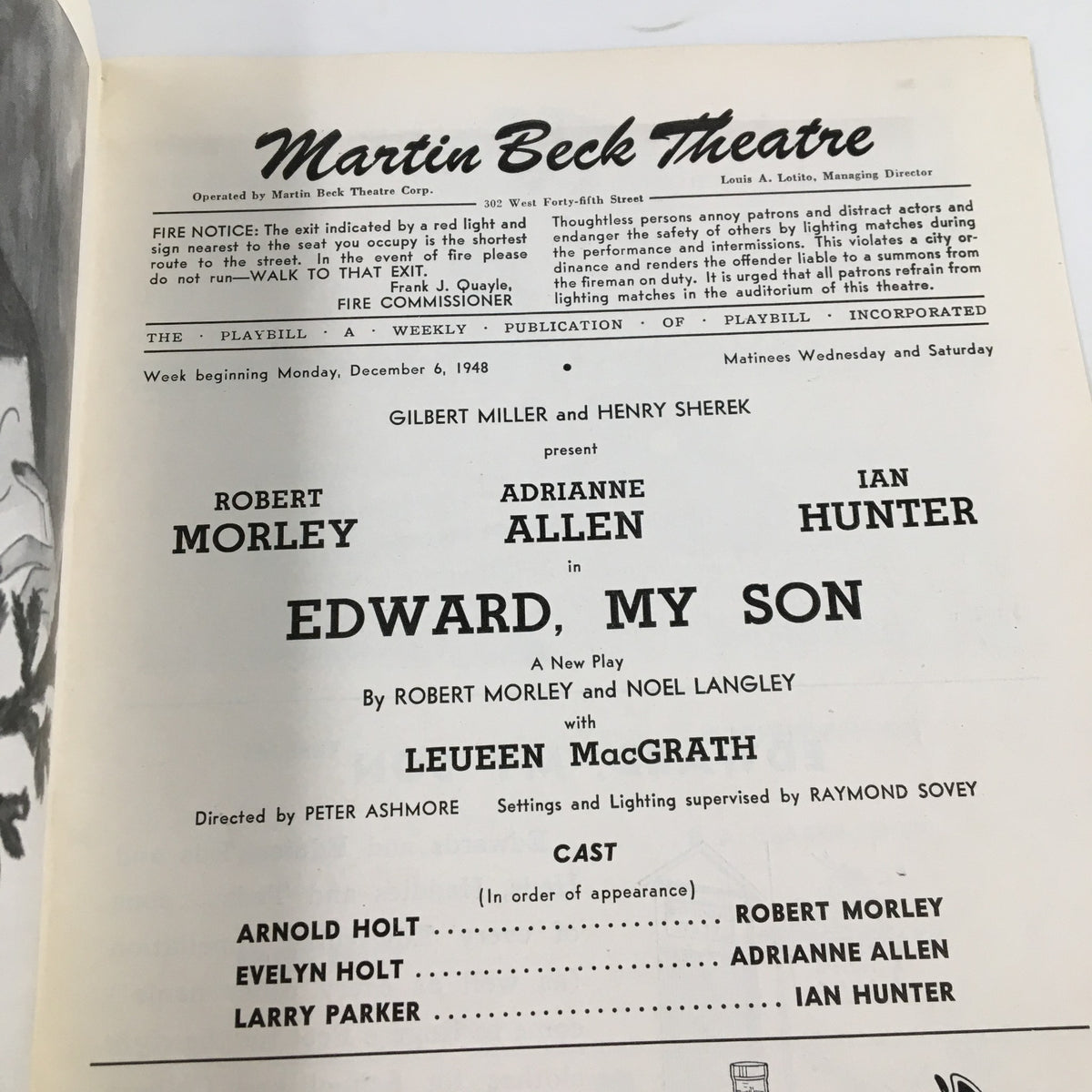 1948 Playbill Martin Beck Theatre for 'Edward, My Son' with Robert Morley, displaying the inside pages including cast list and production details.
