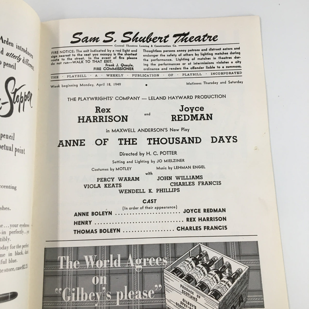 Inside view of the 1949 Playbill from the Sam S. Shubert Theatre, detailing the cast and production credits for 'Anne of the Thousand Days' starring Rex Harrison.