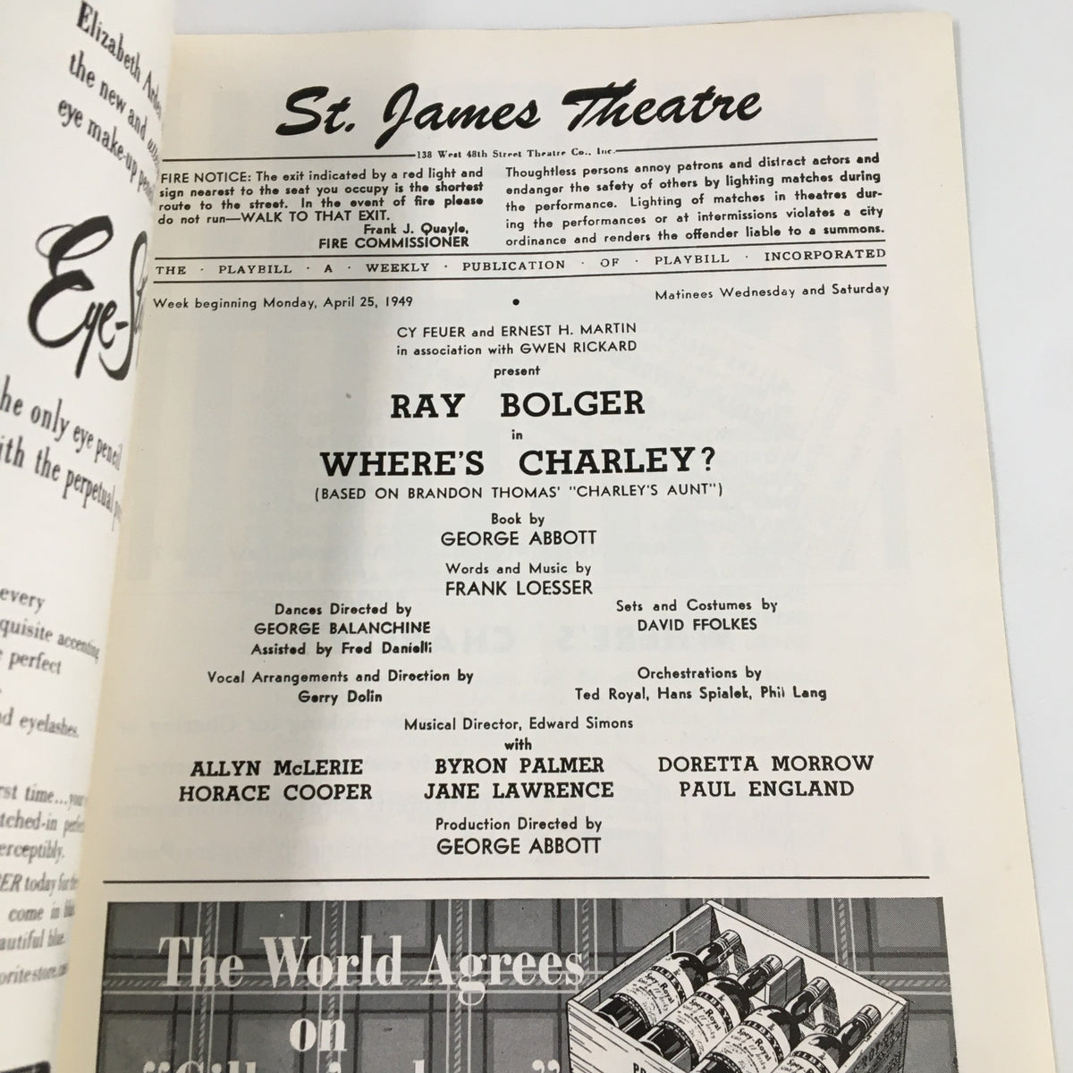 Interior page of the 1949 Playbill for 'Where's Charley?', detailing cast and crew information including Ray Bolger, presented at the St. James Theatre.