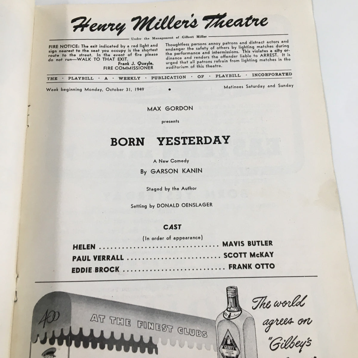 Interior page of the 1949 Playbill for Henry Miller's Theatre, detailing the presentation of 'Born Yesterday' by Max Gordon, including the cast list and production credits.