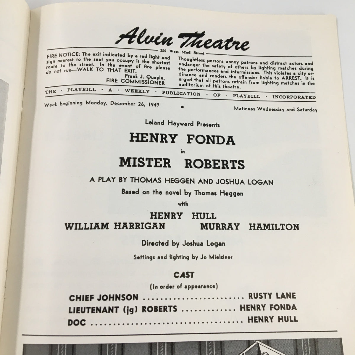 1949 Alvin Theatre Playbill for Mister Roberts, presenting cast details and credits including Henry Fonda.